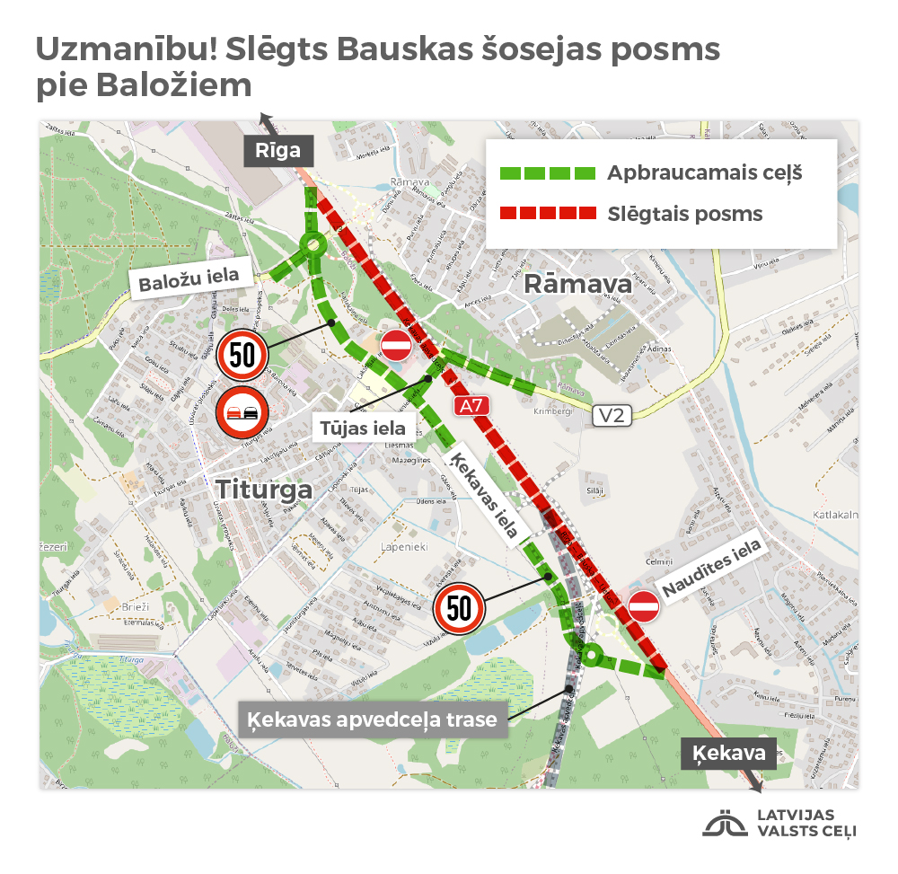 Uz gadu slēdz Bauskas šosejas posmu pie Baložiem