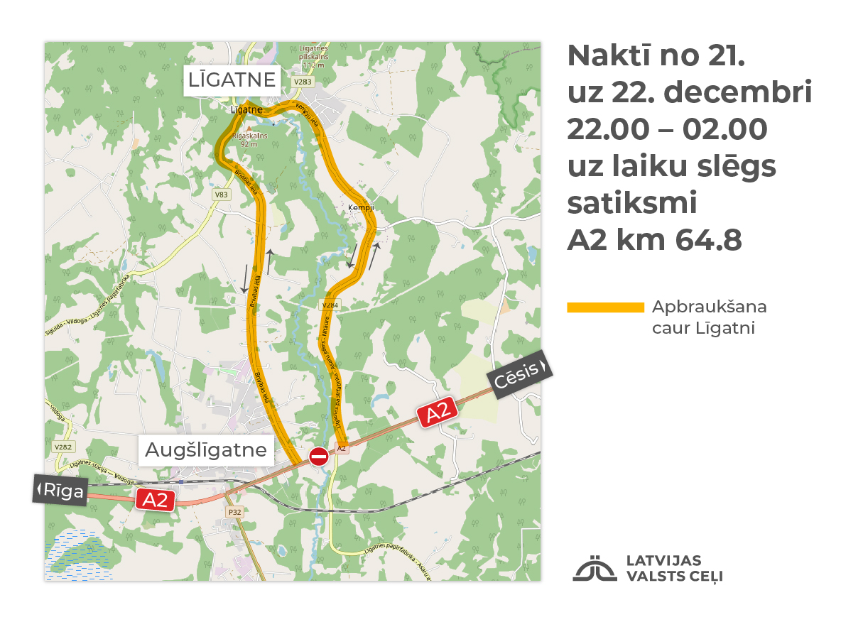Uz Vidzemes šosejas naktī uz otrdienu slēgs satiksmi