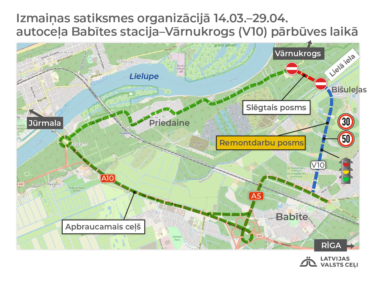 Remontdarbu laikā no Babītes uz Vārnukrogu jābrauc caur Priedaini