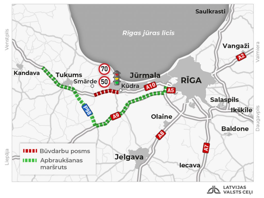 Ventspils šosejas būvdarbu posmā veidojas satiksmei bīstamas bedres